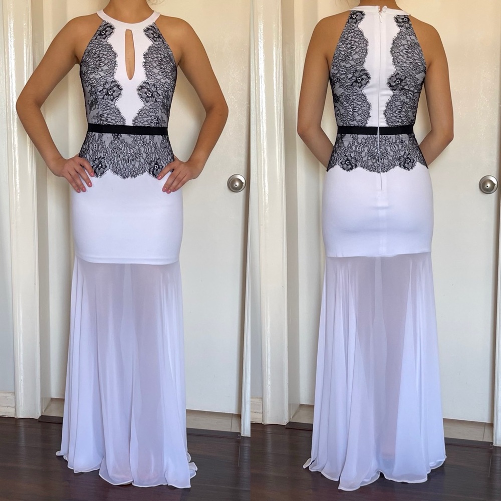 BCBG MAXAZRIA Georgianna Halter Lace Trim Black and White Long Dress